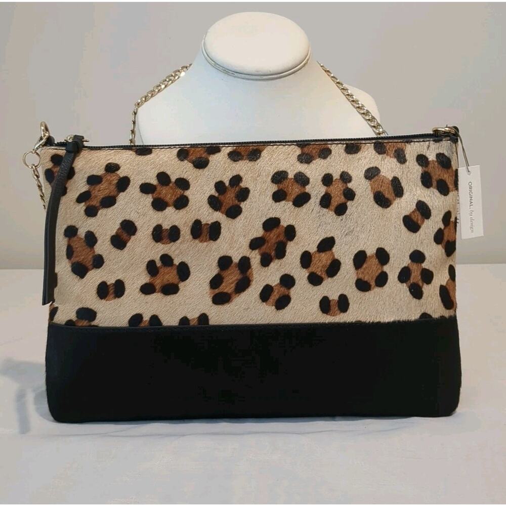 Chicos Kathleen Calf Hair Leopard Print Purse Clutch Gold Chain Strap Boho City